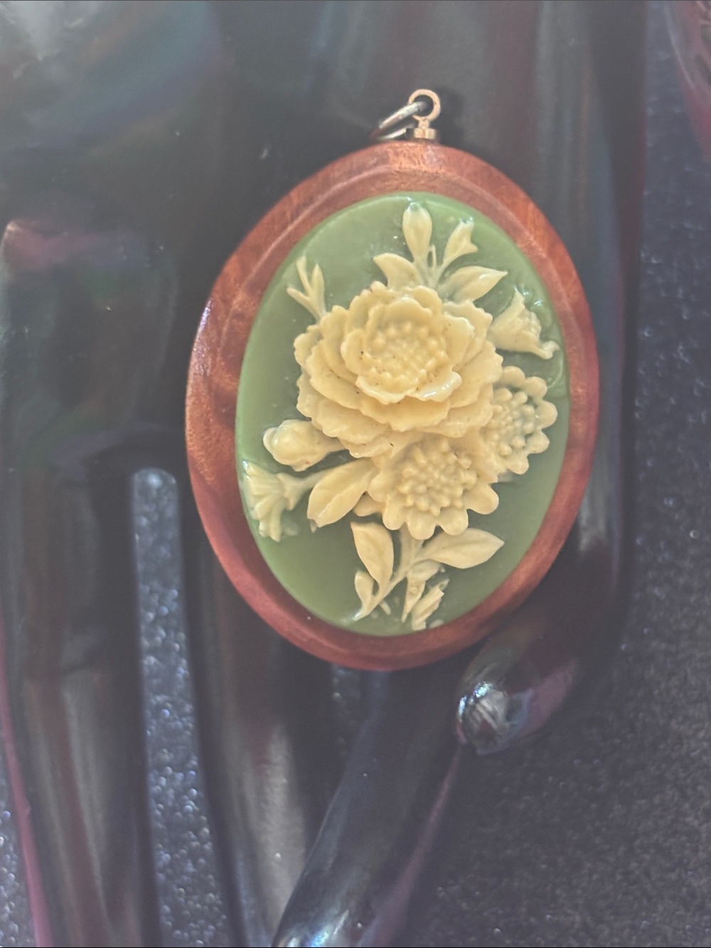 Sage green floral carved cameo necklace pendant